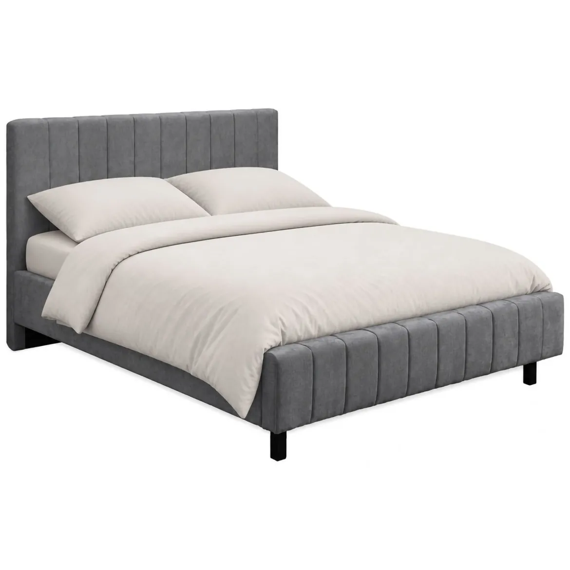 Letto Matrimoniale Grigio Dimensione Materasso 160x200 cm Testiera e Giroletto Imbottiti, Imbottito - Exmouth