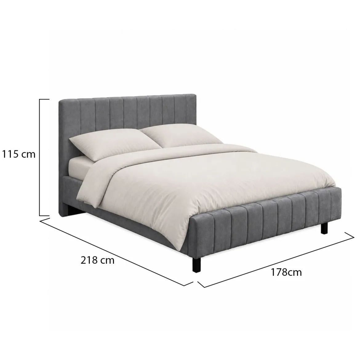 Letto Matrimoniale Grigio Dimensione Materasso 160x200 cm Testiera e Giroletto Imbottiti, Imbottito - Exmouth