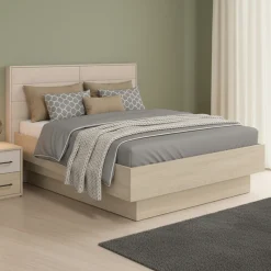 Letto Matrimoniale Marrone Rovere Bianco Crema Dimensione Materasso 160x200 cm Imbottito, Testiera Imbottita - Tirso