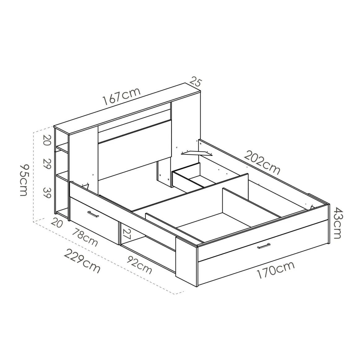 Letto Matrimoniale Marrone Rovere Contenitore Dimensione Materasso 160x200 cm, Peso Supportato 150 kg - Murlo
