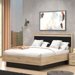 Letto Matrimoniale Marrone Rovere Nodi Nero Dimensione Materasso 160x200 cm Imbottito, Testiera Imbottita - Filogaso