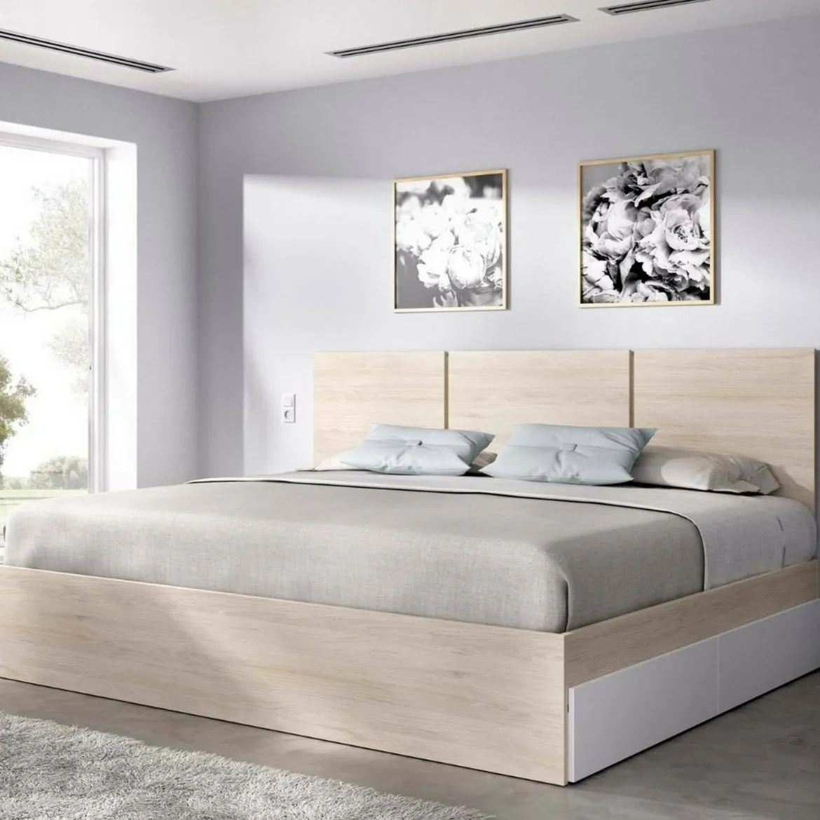 Letto matrimoniale moderno bianco e rovere 205x166cm - Shannon