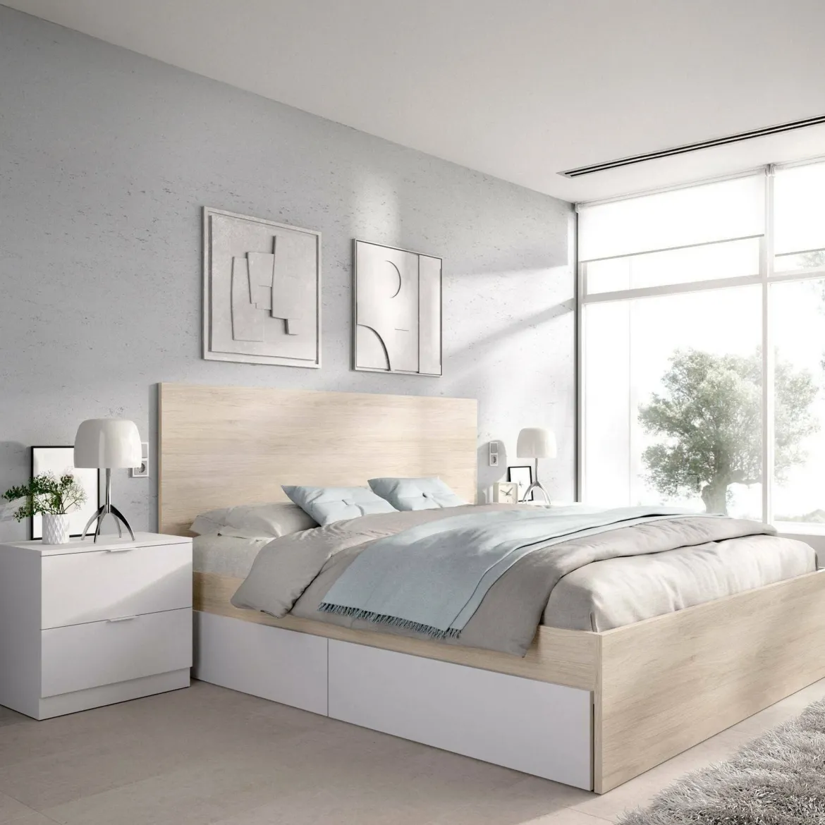 Letto matrimoniale moderno bianco e rovere 205x269cm - Usman
