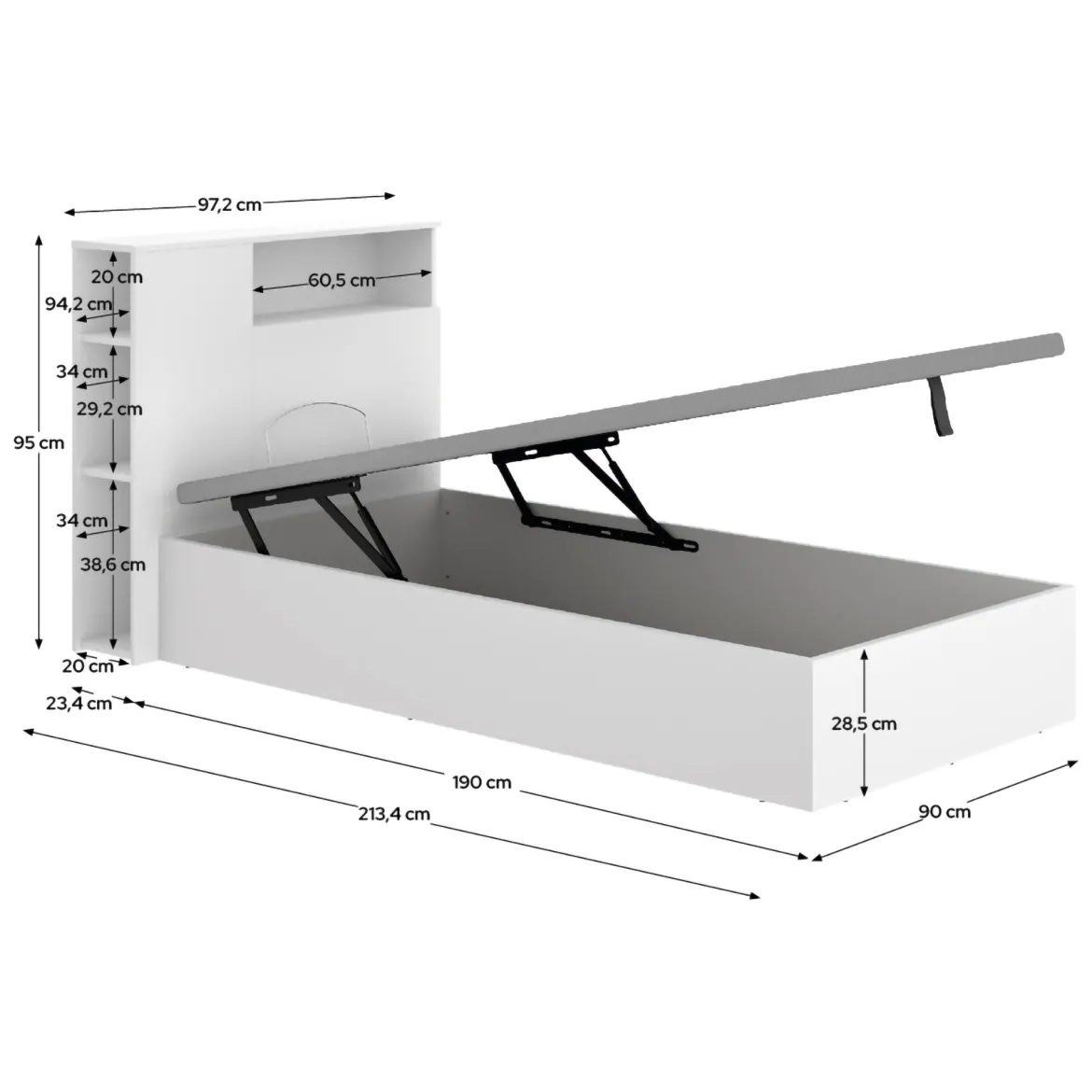 Letto per Bambini Bianco Contenitore, Dimensione Materasso 90x190 cm - Kenai