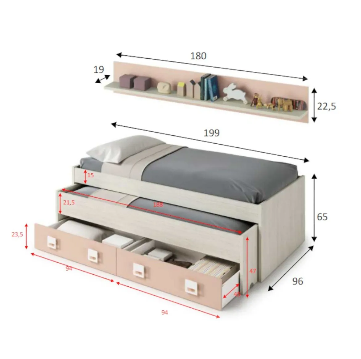 Letto per bambini compatto 199x96cm bianco e rosa - Asi