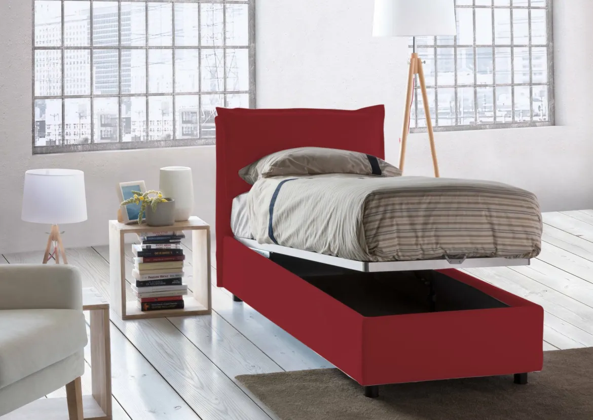 Letto 1 piazza contenitore rosso 105x215cm rivestimento in tessuto - Alison