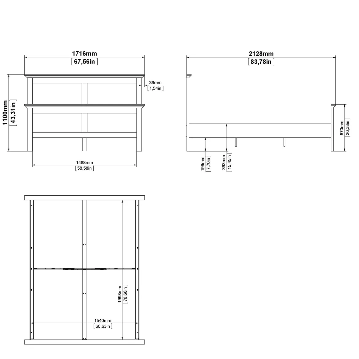 Letto piazza e mezza Armungia, 172x213 h110 cm, Bianco