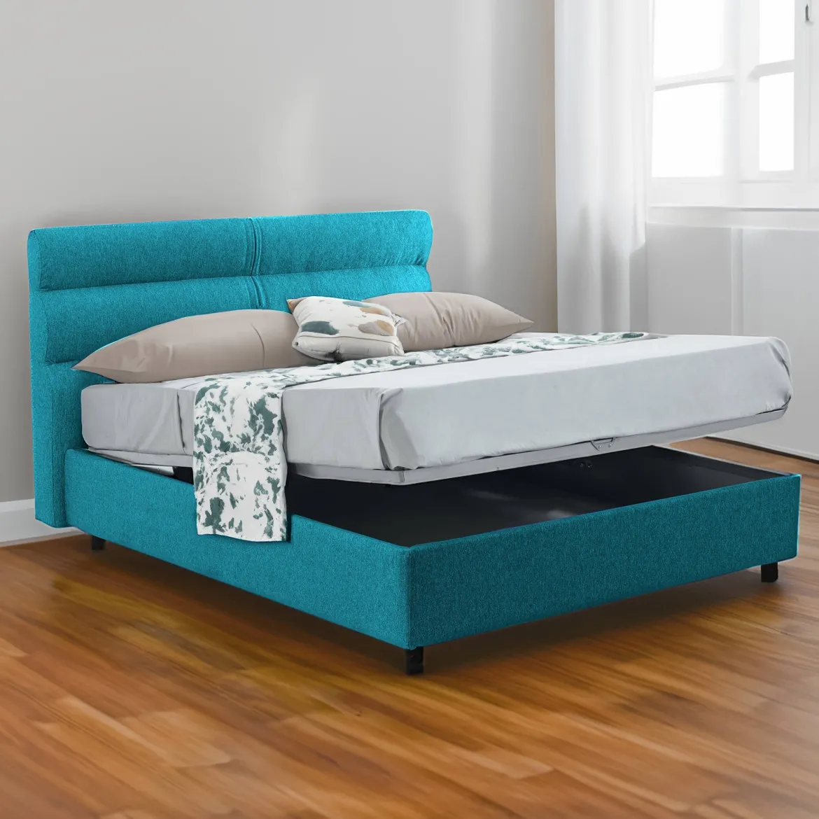Letto Piazza e Mezza Azzurro Materasso Incluso Sfoderabile, Contenitore Made in Italy - Briosco