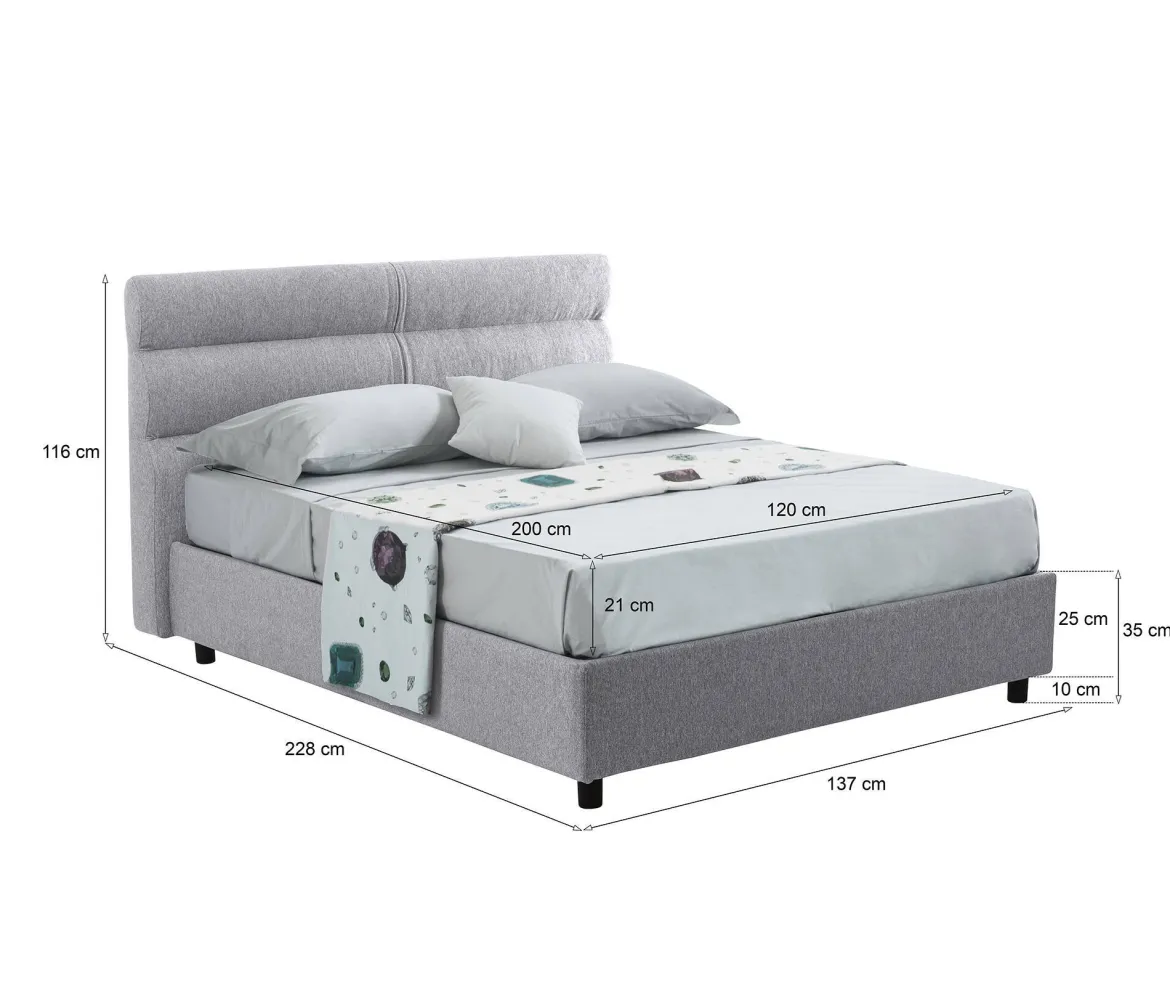 Letto Piazza e Mezza Grigio Materasso Incluso Sfoderabile, Contenitore Made in Italy - Brinzio