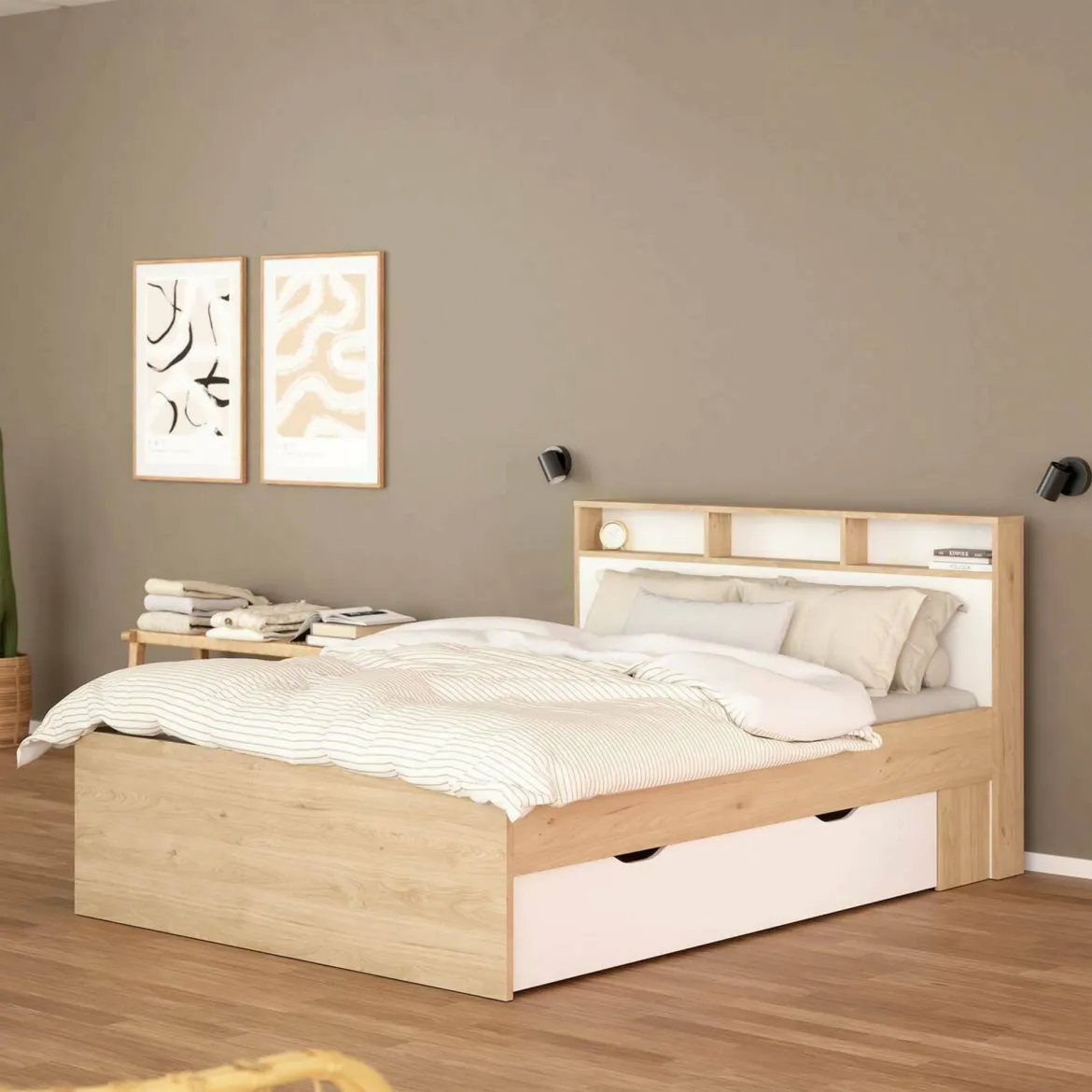 Letto piazza e mezza Jean, 206x150 h97 cm, Rovere e Bianco