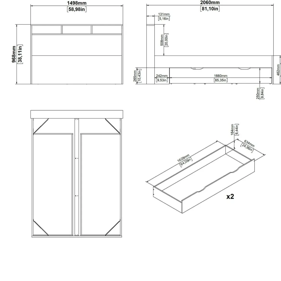 Letto piazza e mezza Jean, 206x150 h97 cm, Rovere e Bianco