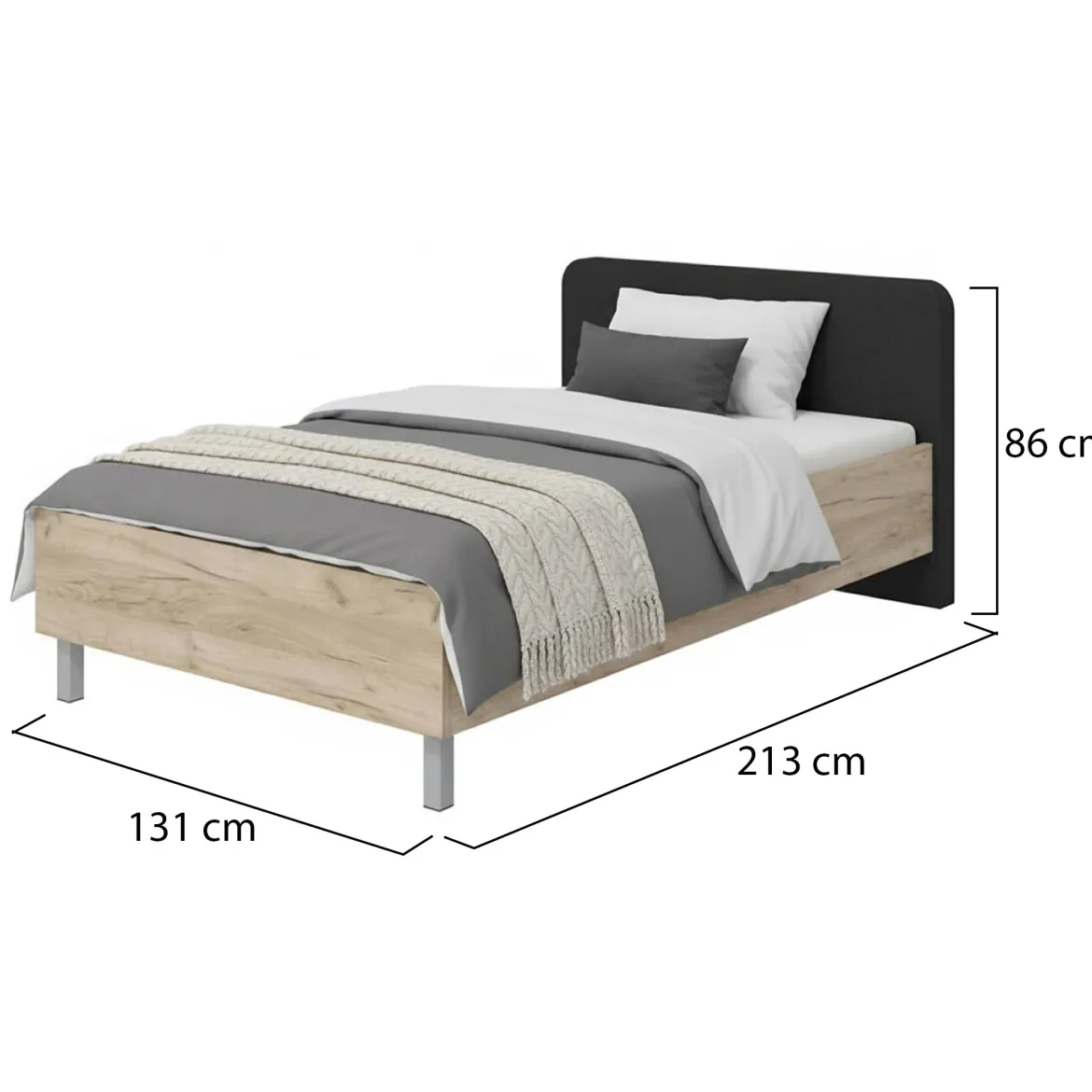 Letto Piazza e Mezza Marrone Rovere Grigio Grigio Dimensione Materasso 120x200 cm, Imbottito - Norcia