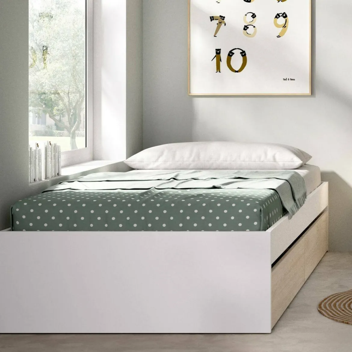 Letto 1 piazza moderno bianco e rovere 194x95cm adatto per materasso 90x190 cm - Neki