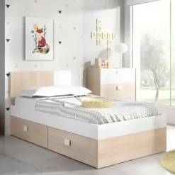 Letto 1 piazza moderno bianco e rovere 196x97cm adatto per materasso 90x190 cm - Rashmi
