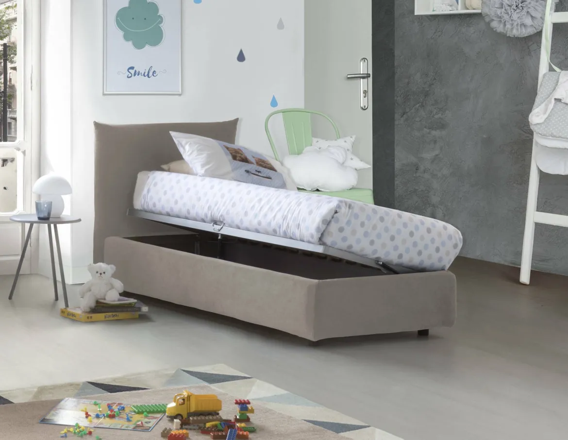 Letto 1 posto contenitore tortora 110x215cm rivestito in tessuto - Alisech