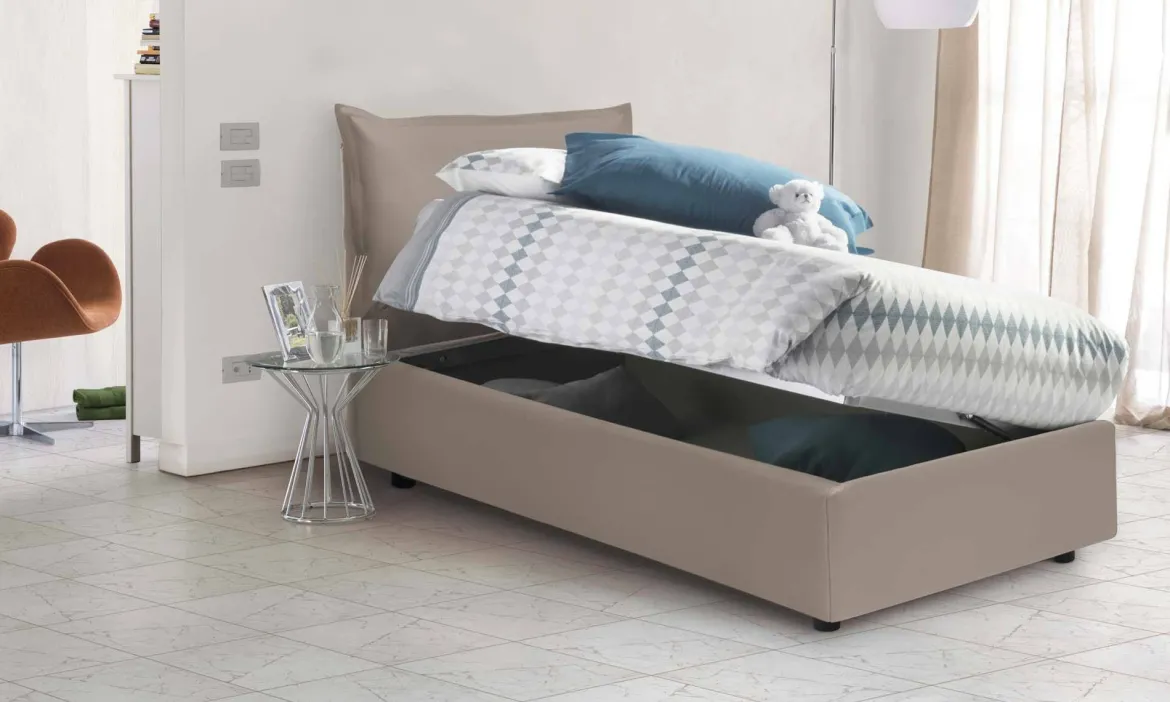 Letto 1 posto contenitore tortora 95x205cm rivestimento in ecopelle - Alzavola