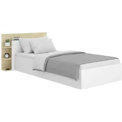 Letto Singolo Bianco Marrone Rovere Contenitore Dimensione Materasso 90x190 cm, Testiera con Libreria Inclusa