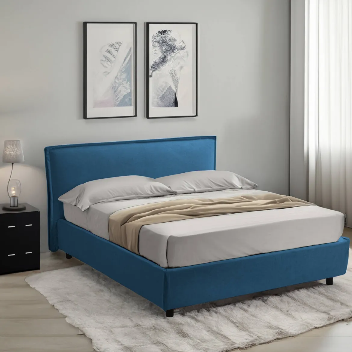 Letto Singolo blu Sfoderabile Contenitore, Dimensione Materasso 80x190 cm Made in Italy - Brusson