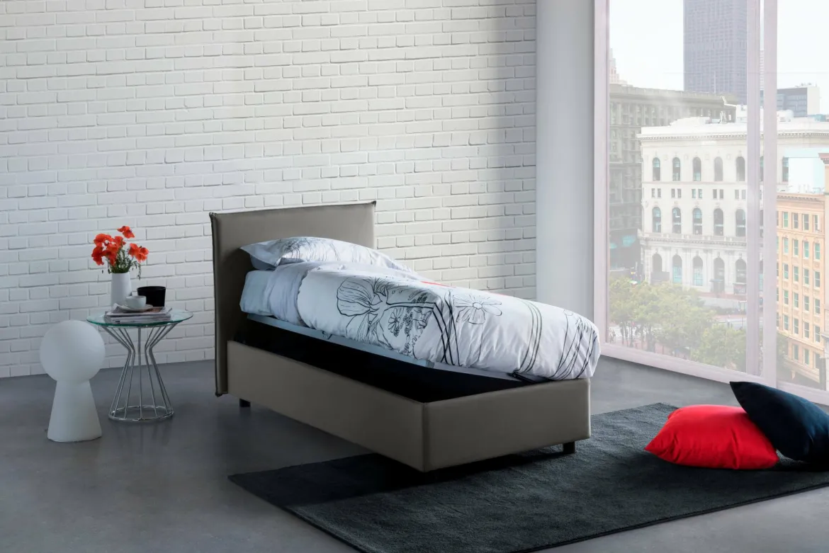 Letto singolo contenitore grigio 95x205cm rivestito in tessuto - Alto
