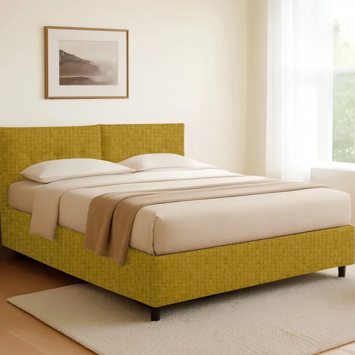 Letto Singolo Giallo Ocra Sfoderabile Contenitore, Dimensione Materasso 90x200 cm - Nocara