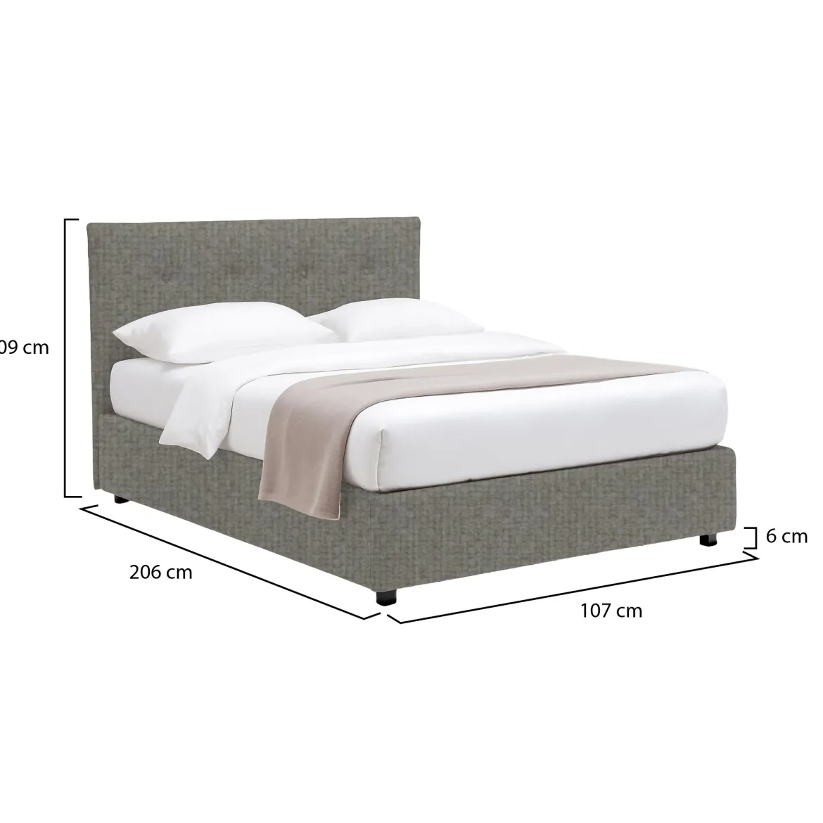 Letto Singolo Grigio Cenere Sfoderabile Contenitore, Dimensione Materasso 90x190 cm - Fiumalbo