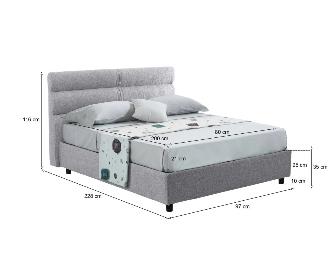 Letto Singolo Grigio Materasso Incluso Sfoderabile, Contenitore Made in Italy - Adalpina