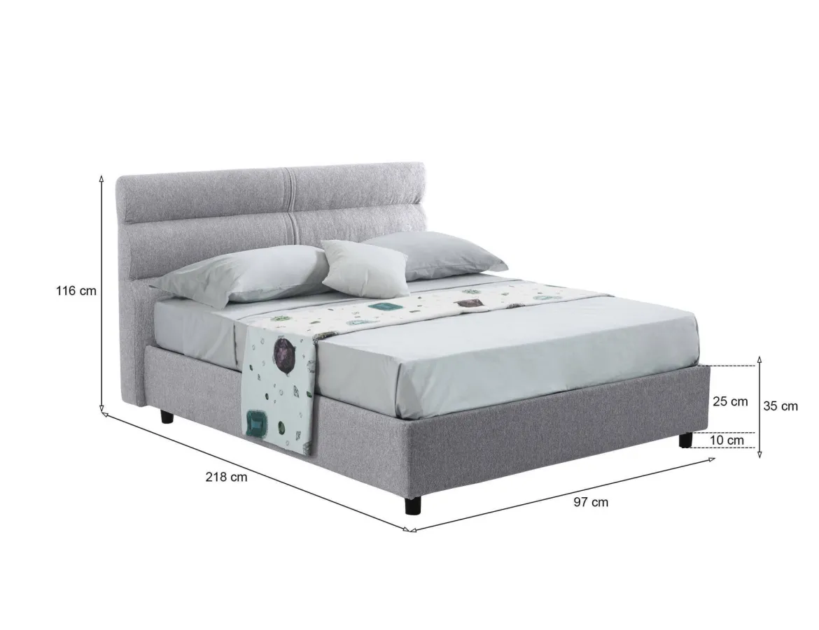 Letto Singolo Grigio Sfoderabile Contenitore, Dimensione Materasso 80x190 cm Made in Italy - Brez