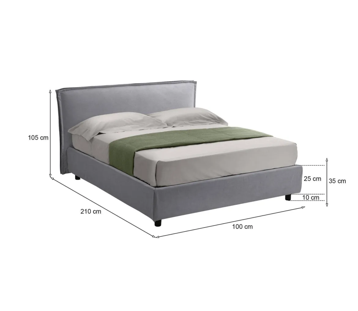 Letto Singolo Grigio Sfoderabile Contenitore, Dimensione Materasso 80x200 cm Made in Italy - Brenta