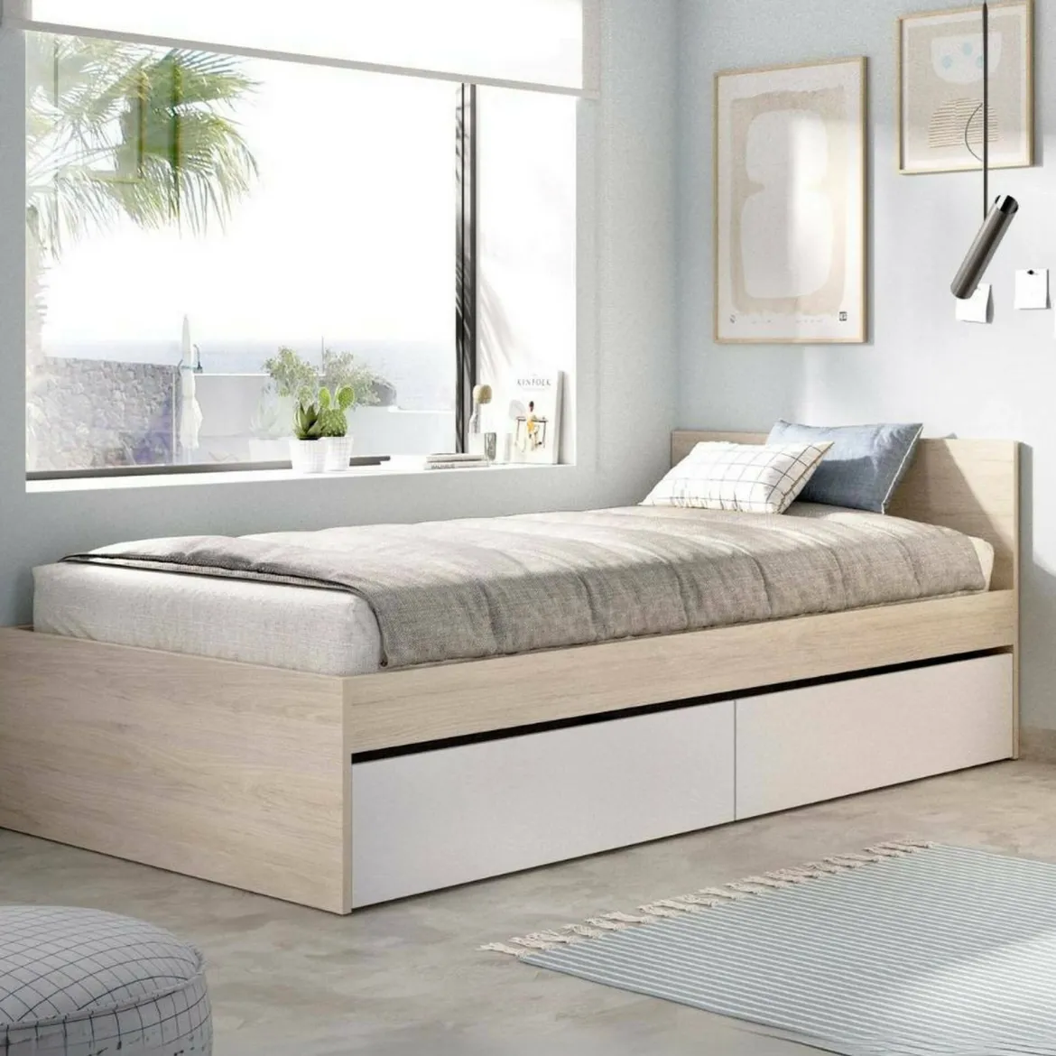 Letto singolo moderno bianco e rovere 194x95cm adatto per materasso 90x190 cm - Pakhar