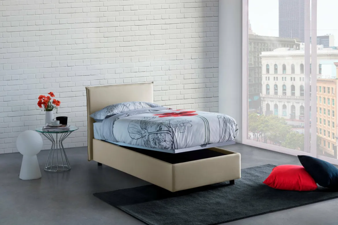 Letto una piazza contenitore beige 105x215cm adatto per materasso 90x200 cm - Alison
