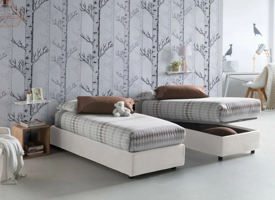 Letto una piazza contenitore bianco 105x205cm rivestimento in tessuto - Addison