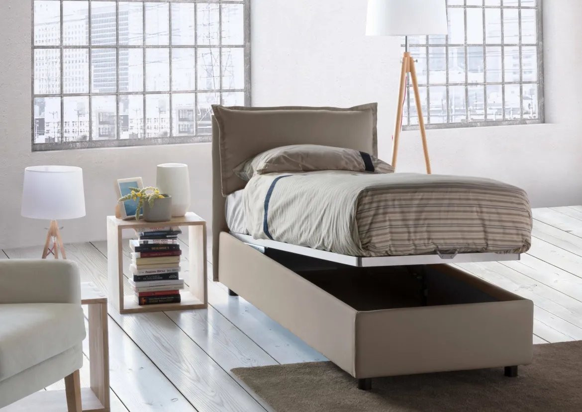 Letto una piazza contenitore tortora 105x215cm rivestimento in ecopelle - Albia