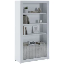 Libreria Bianco Grigio Cemento 3 Ripiani 2 Ante 105x42x191h cm, Installazione a Terra - Spinoso