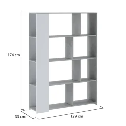 Libreria Bianco Grigio Cemento 6 Ripiani Installazione a Terra 129x33x174h cm, Colore Struttura Grigio - Oro