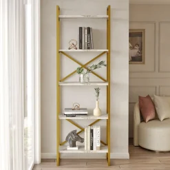 Libreria Bianco Marmo oro 5 Ripiani Installazione Libera 58x30x175h cm, Utilizzabile Come Divisorio Locale - Trecenta