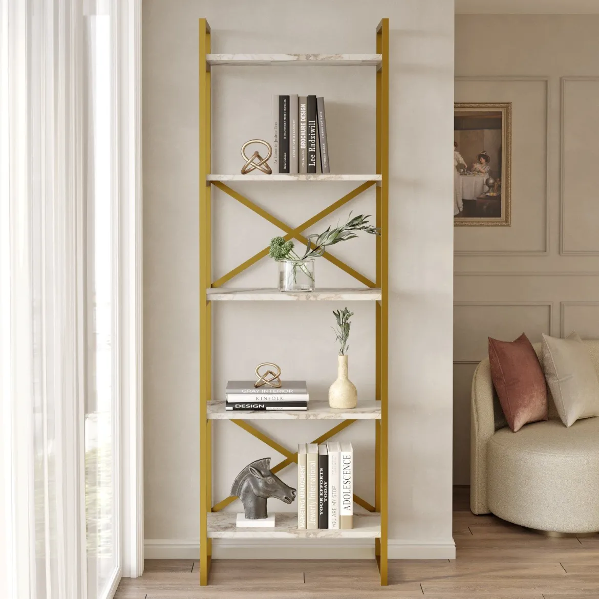 Libreria Bianco Marmo oro 5 Ripiani Installazione Libera 58x30x175h cm, Utilizzabile Come Divisorio Locale - Trecenta