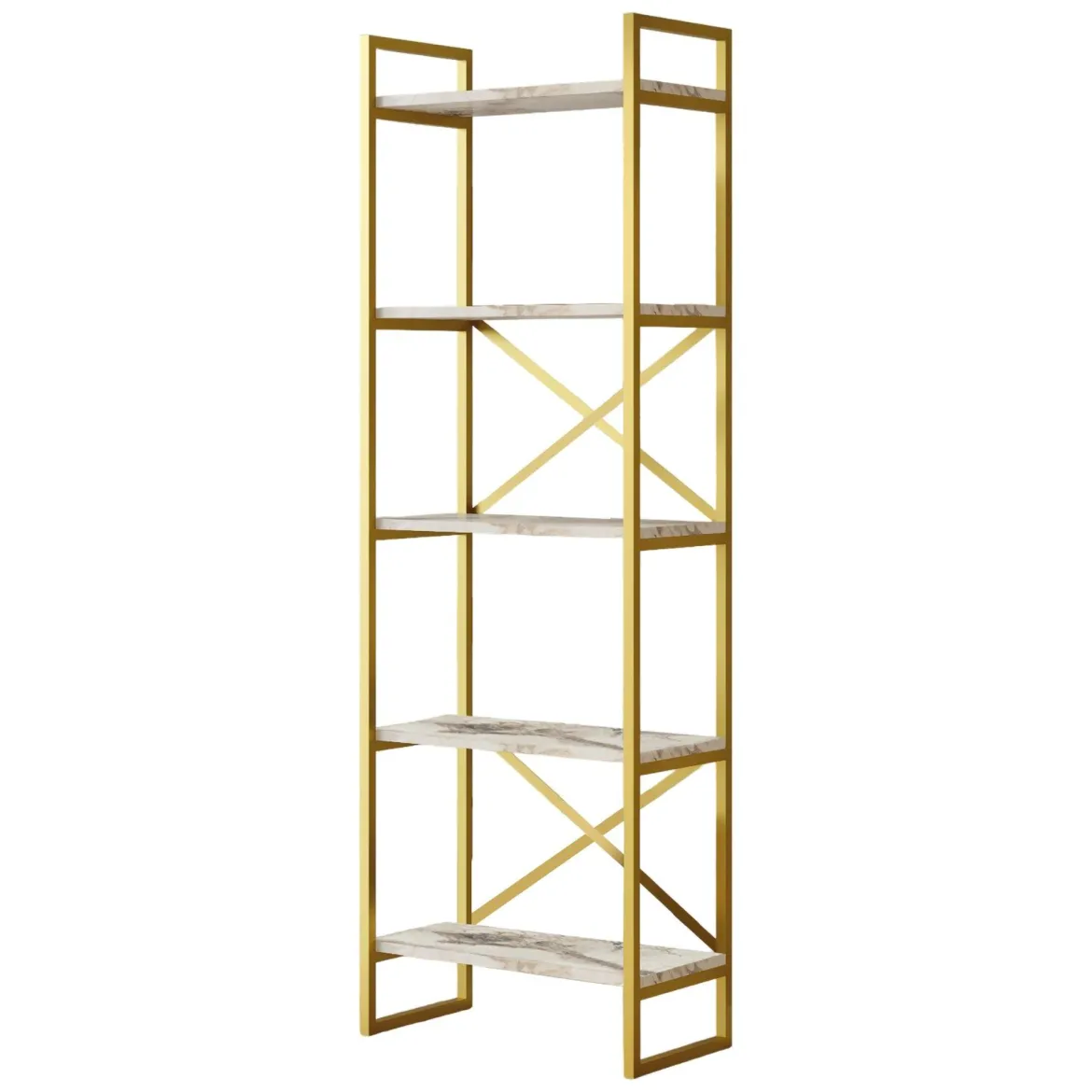 Libreria Bianco Marmo oro 5 Ripiani Installazione Libera 58x30x175h cm, Utilizzabile Come Divisorio Locale - Trecenta