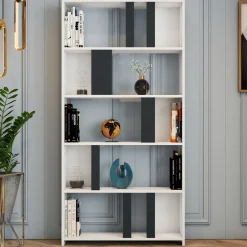 Libreria Bianco Nero Antracite 4 Ripiani Installazione Libera 90x20x180h cm, Sfumatura Colore Struttura Antracite - Tribogna