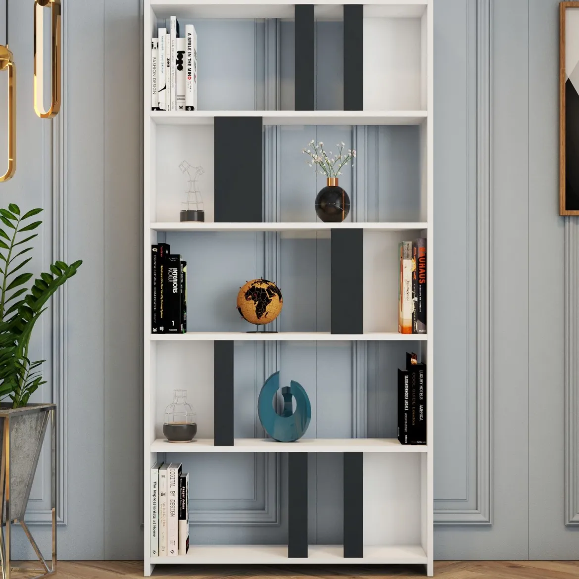 Libreria Bianco Nero Antracite 4 Ripiani Installazione Libera 90x20x180h cm, Sfumatura Colore Struttura Antracite - Tribogna