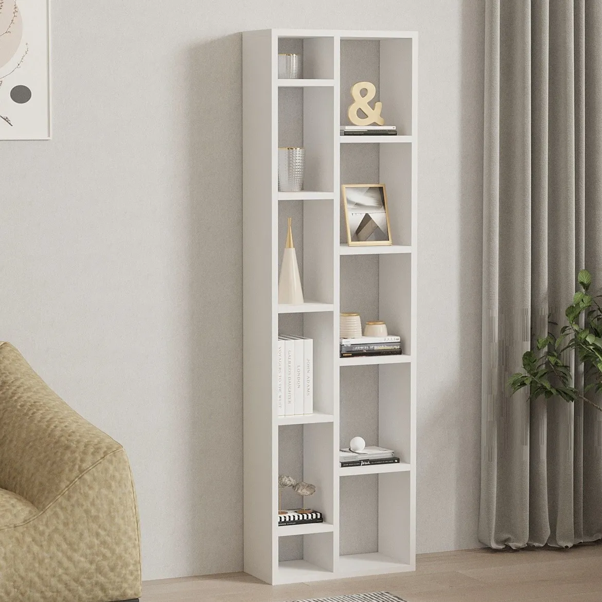 Libreria Bianco 9 Ripiani Installazione a Terra 93x28x142h cm, Struttura a zig zag - Budrio