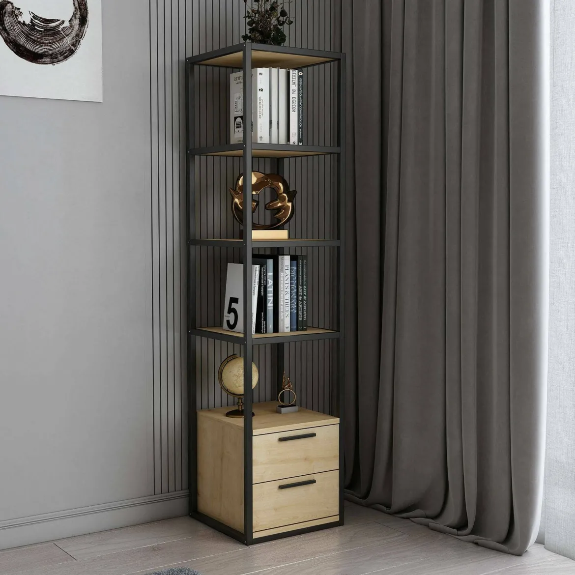 Libreria con 2 cassetti nera e quercia 39x169h cm - Arsim