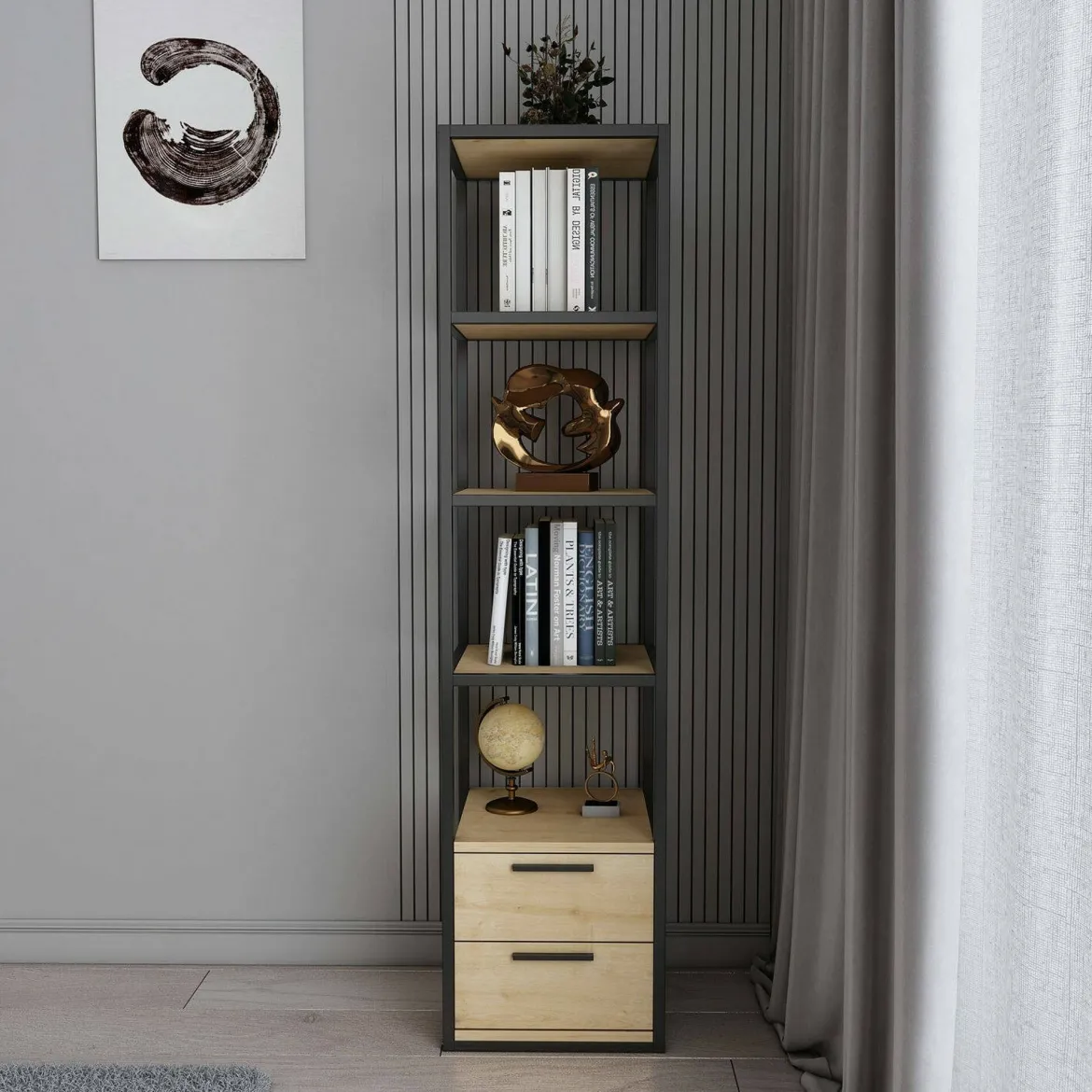 Libreria con 2 cassetti nera e quercia 39x169h cm - Arsim