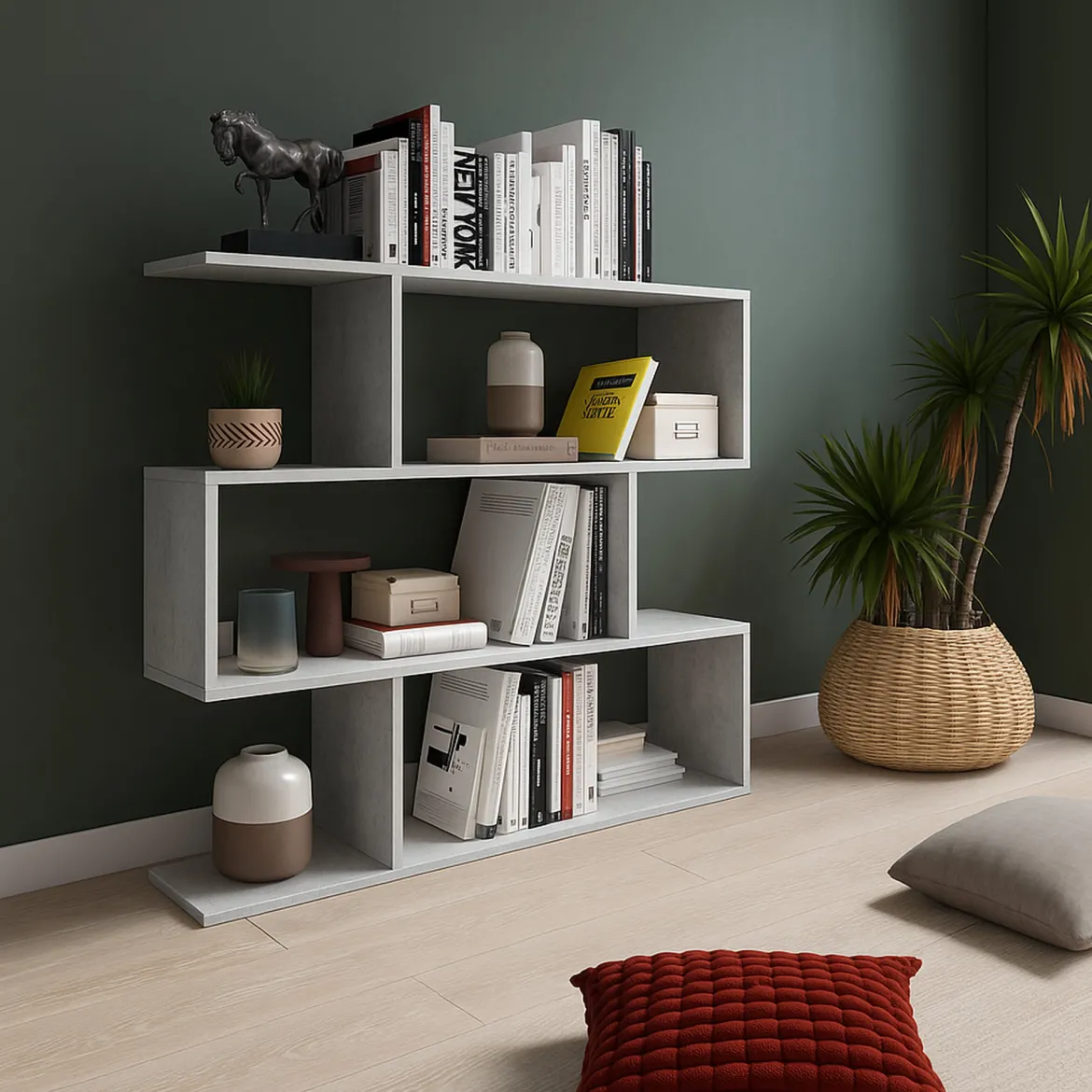 Libreria Grigio Cemento 3 Ripiani Installazione a Terra 110x25x96h cm, Sfumatura Colore Struttura Cemento - Terzolas