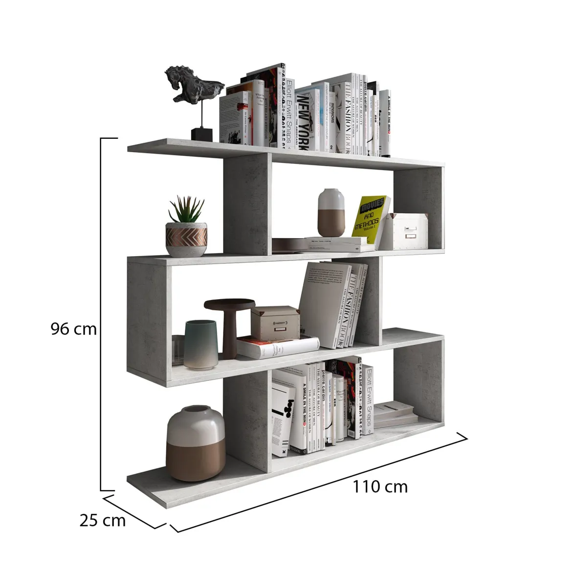 Libreria Grigio Cemento 3 Ripiani Installazione a Terra 110x25x96h cm, Sfumatura Colore Struttura Cemento - Terzolas