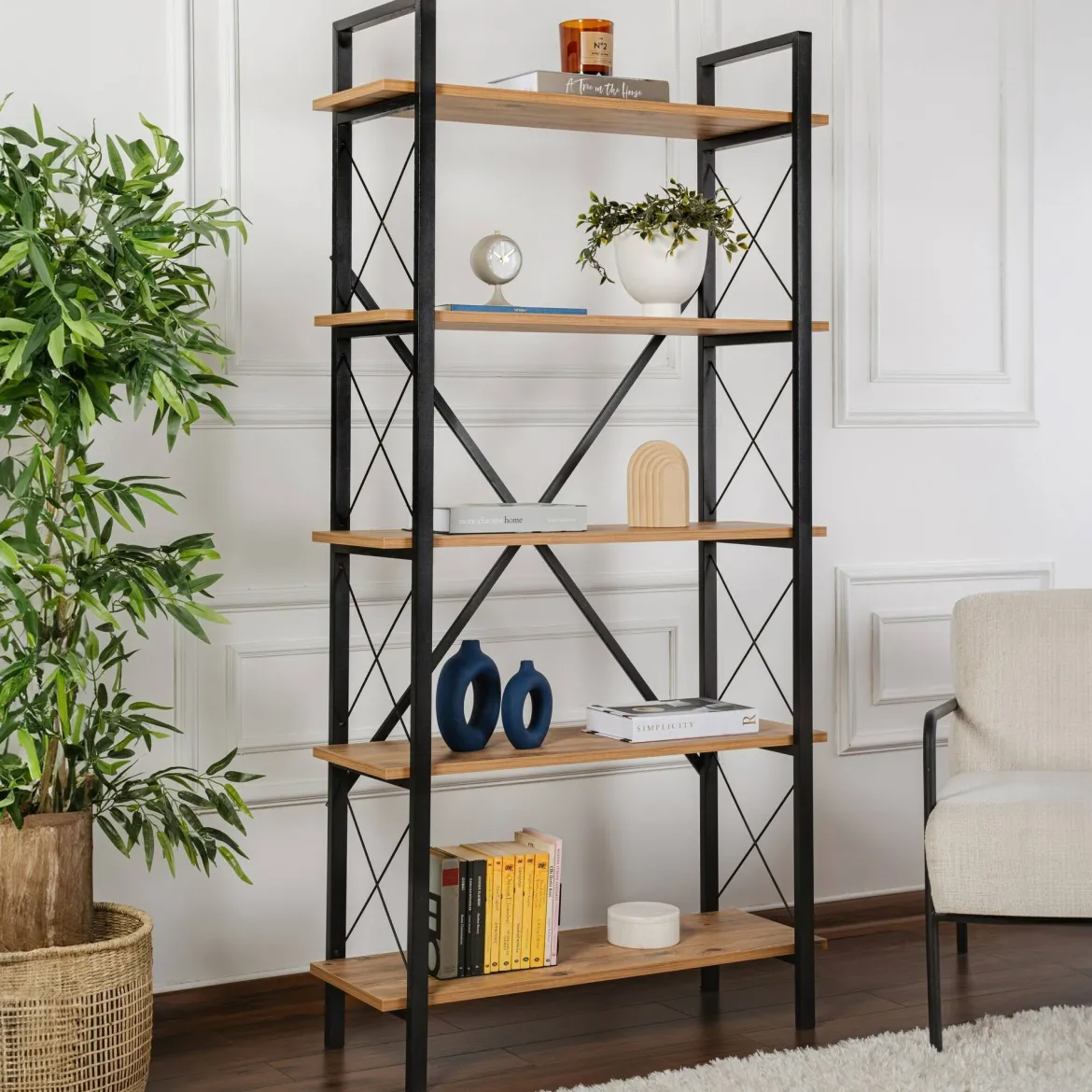Libreria in legno massello pino e nera 90x180h cm - Suriel