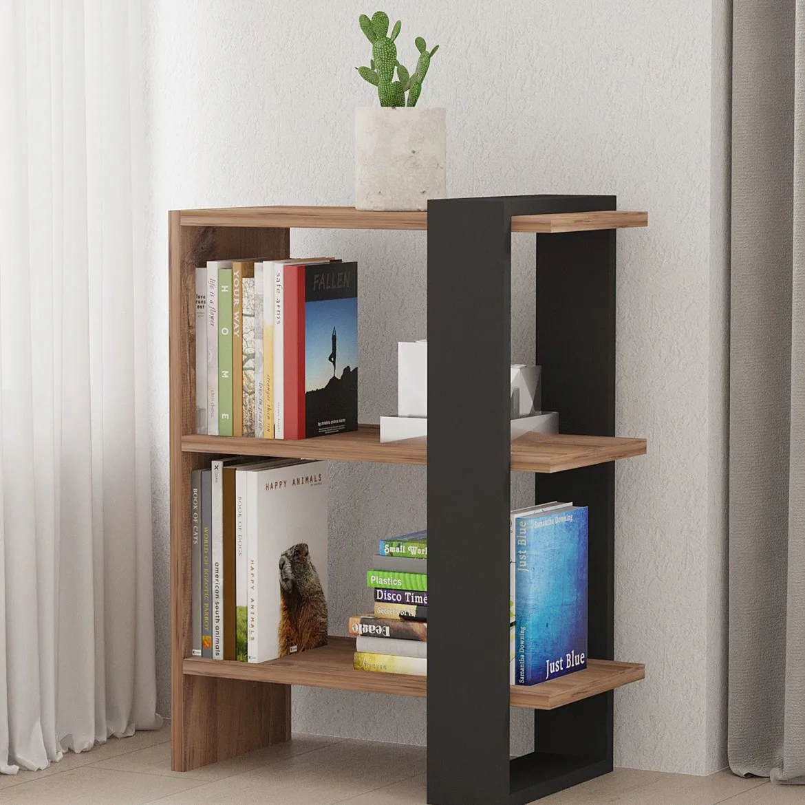 Libreria Marrone Noce Nero Rovere 3 Ripiani Installazione Libera 52x25x70h cm, Utilizzabile Come Divisorio Locale - Netro