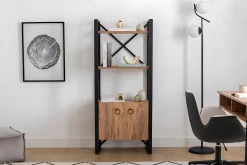 Libreria Marrone Rovere Nero 2 Ripiani 2 Ante 64x32x160h cm, Installazione Libera - Cicciano