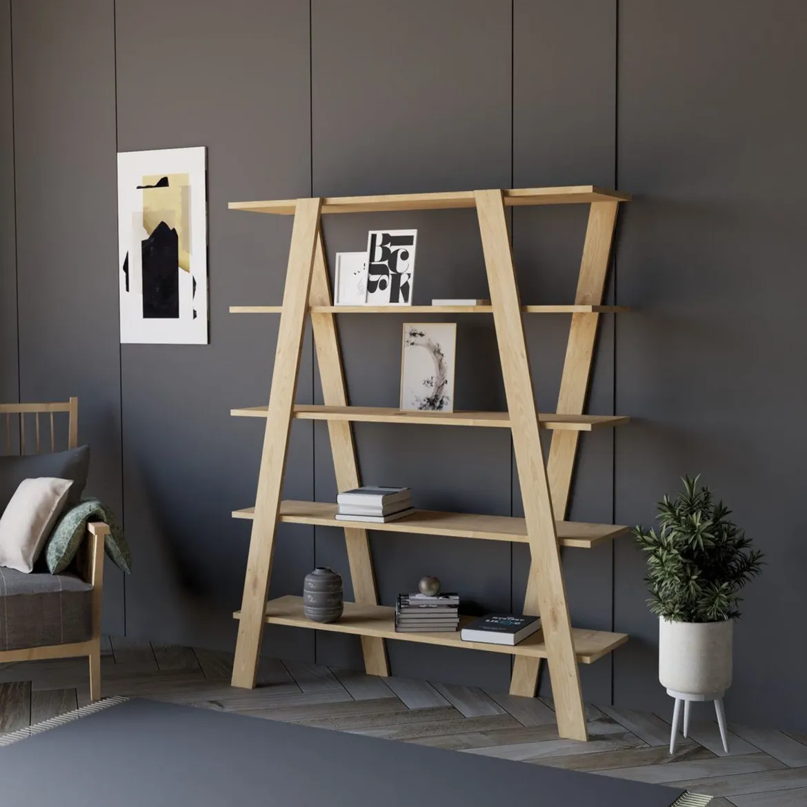 Libreria Marrone Rovere 4 Ripiani Installazione Libera 120x25x150h cm, Struttura Verticale - Sanarica