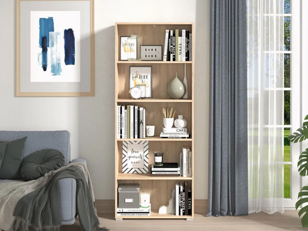 Libreria Marrone Rovere 4 Ripiani Installazione a Terra 79x34x118h cm, Struttura Mobile Verticale - Leporano