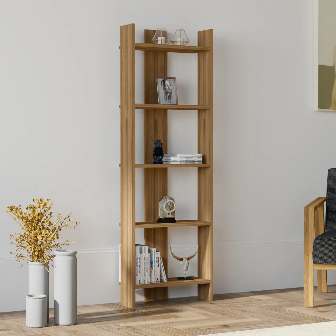 Libreria Marrone Rovere 5 Ripiani Installazione Libera 64x30x180h cm, Struttura Verticale - Mantello